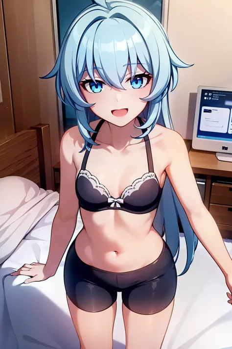 1 girl, best quality, ultra high res, long hair, blue hair, blue eyes, shigure kira, looking at viewers, small breast, standing, pov, slim body, loli body, small body, short body, smile, open mouth, white bra, black bike shorts, bedroom, white bed sheets,