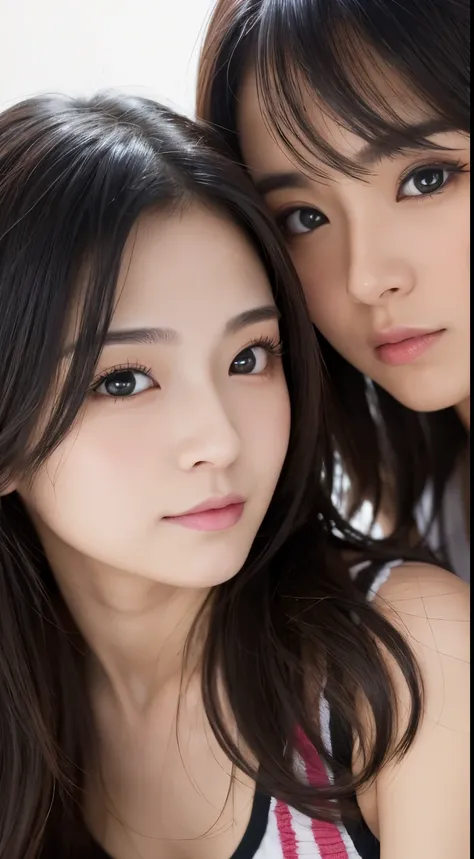 Best-quality, Masterpiece, Ultra-High-Resolution, (Photorealistic:1.4), Raw-Photo, Extremely-Detailed, Perfect-Anatomy, lesbian couple, both very famous Japanese idos, both extremely cute face like a most popular Japanese idols, both extremely beautiful bi...