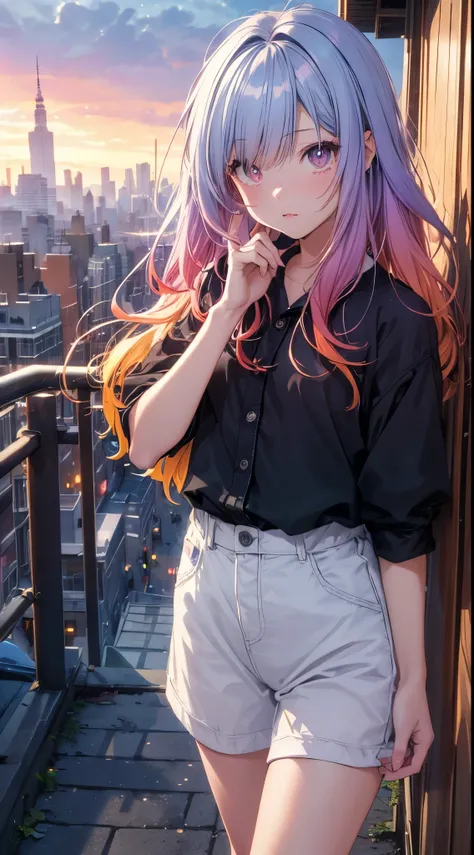 NY, (gradient hair, dutch angle:1.3), film grain, chromatic aberration, city, masterpiece, best quality, raw photo, photorealistic, absurdres, 1girl, cute, perspective, cowboy shot, highres, ultra detailed, detailed eyes and face, sharp pupils, realistic p...