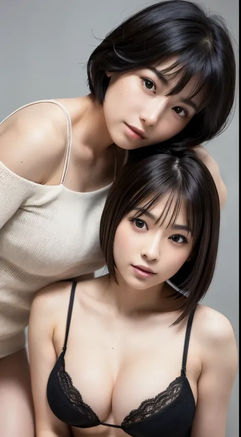 Best-quality, Masterpiece, Ultra-High-Resolution, (Photorealistic:1.4), Raw-Photo, Extremely-Detailed, Perfect-Anatomy, lesbian couple, both very famous Japanese idos, both extremely cute face like a most popular Japanese idols, both extremely beautiful bi...