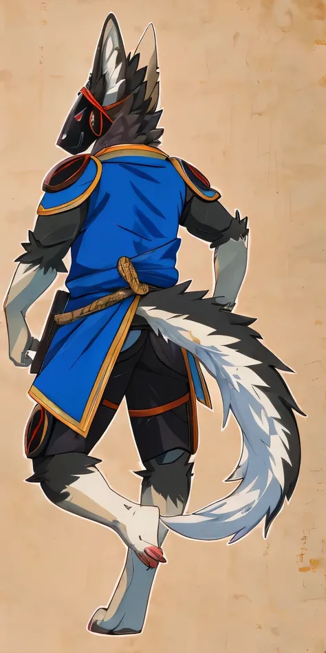 Japanese feel, Protogen, coyote, samurai, Sexy, blue cloak, samurai armor, Divided armor and sashimono, Kitsune-inspired armor, Sengoku period art style, Rear view, Long sword