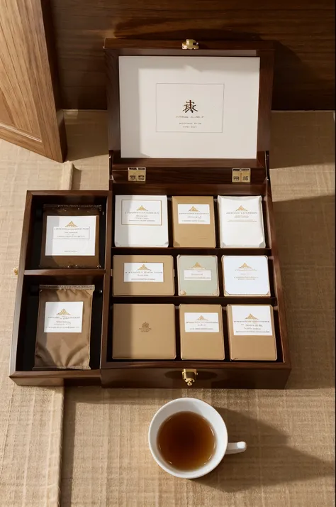 An exquisite plain gift box with a slight glossy effect on the outer surface. After opening the gift box, you can see that there are packages of small tea brewing bags inside. The tea brewing bags are neatly arranged in the gift box, showing a For an order...