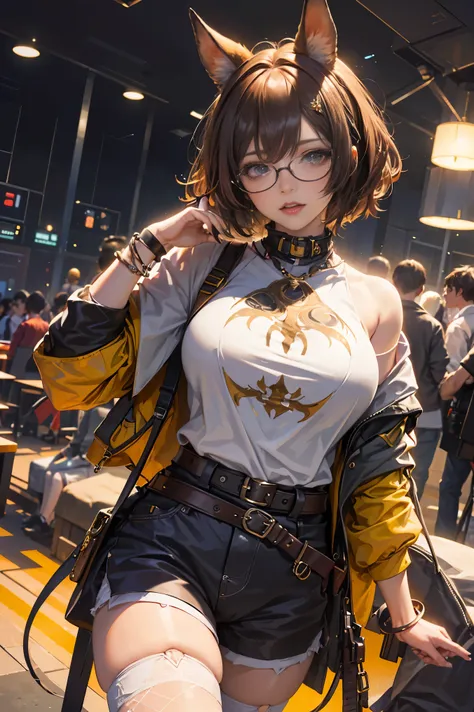 Anime Girl, Cowgirl costume, Colossal tits, Brown hair, perfectly proportions, ((Shorthair)), (eye glass:1.3), (hairstyle that doesn&#39;t show ears, Animal ears:1.5)