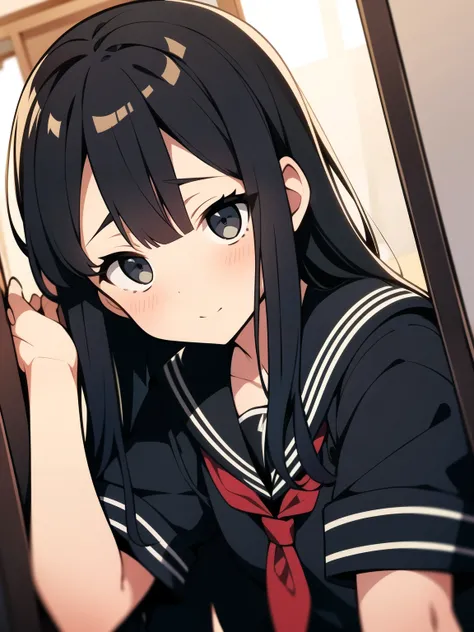 school girl, black semi long hair, black eyes, shrine