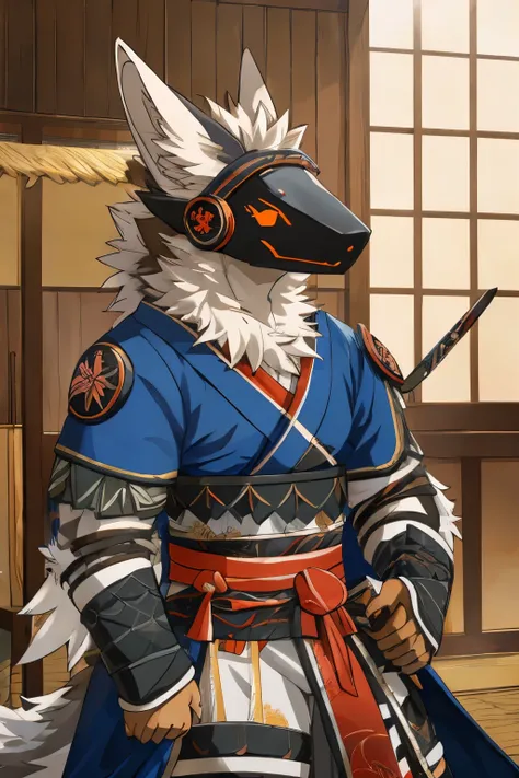 Japanese feel, Protogen, coyote, samurai, Sexy, blue cloak, samurai armor, Divided armor and sashimono, Kitsune-inspired armor, Sengoku period art style, Long sword