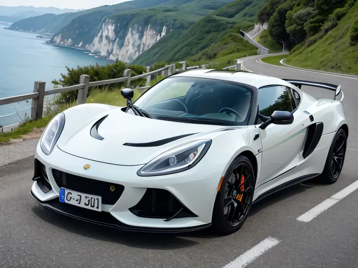 超A high resolution、An ultra-high picture quality、8K、Wonderful expression with attention to detail、early summer coastline、A white sports car stopped on a mountain road、lotus exige　sports coupe