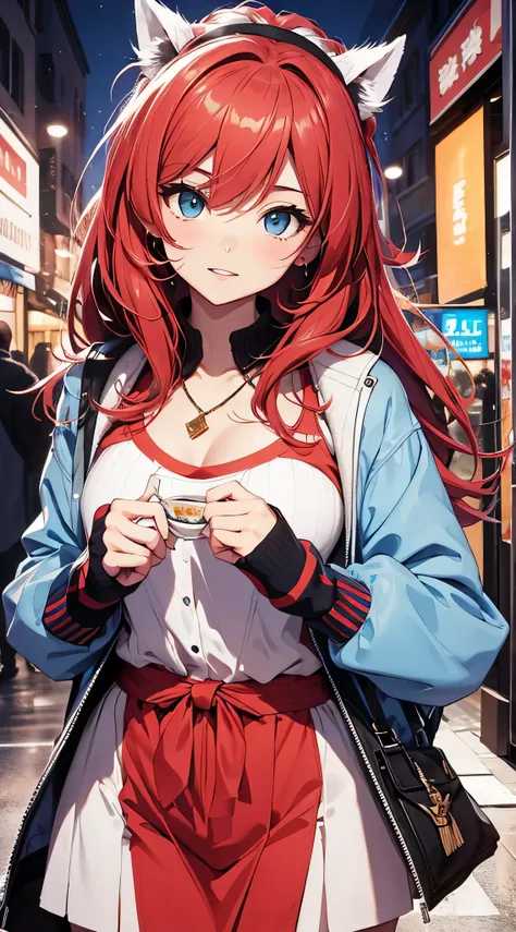 top-quality、Top image quality、​masterpiece、teens girl((18year old、 Ager、Best Bust、Medium bust,wide open breast tea、light blue eyerest, Red hair、A slender,Large valleys、dye ones cheeks red、White duffel coat、Blue shirt、Black pants、Beautiful hairstyle)),hiqua...