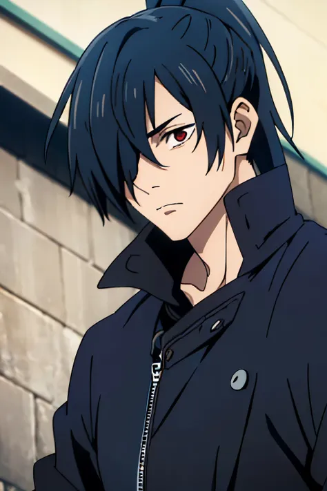 1male, solo, samurai ponytail, messy bangs ,hair over one eye, blue hair, red eyes, black trench coat