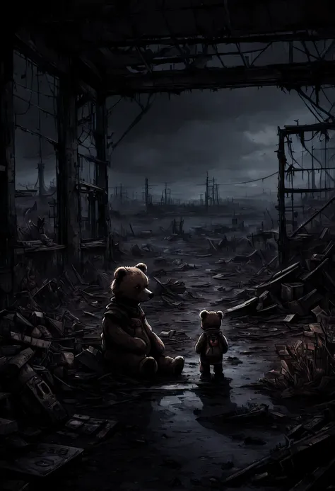 flat 2d art, lonely girl, teddy bear, nuclear wasteland, plants regaining territory, desolation, eerie atmosphere, (dark and moo...