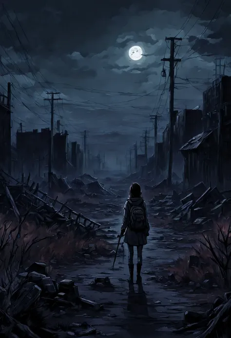 flat 2d art, lonely (((girl))), nuclear wasteland, plants regaining territory, desolation, eerie atmosphere, (dark and moody:1.0...