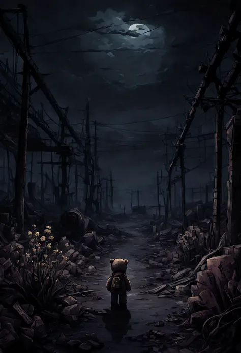 flat 2d art, lonely (((girl))), teddy bear, nuclear wasteland, plants regaining territory, desolation, eerie atmosphere, (dark a...