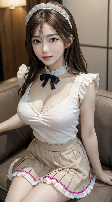 (1young girlrown hair, Amazing face and eyes, Pink eyes, seducting smile, (Maid café costume with frills, Pleated mini-skirt:1.5), (Maid café costume with wide open chest:1.2), (Beautiful big breasts:1.3), bared  chest, (amazingly beautiful girl), Brown ha...