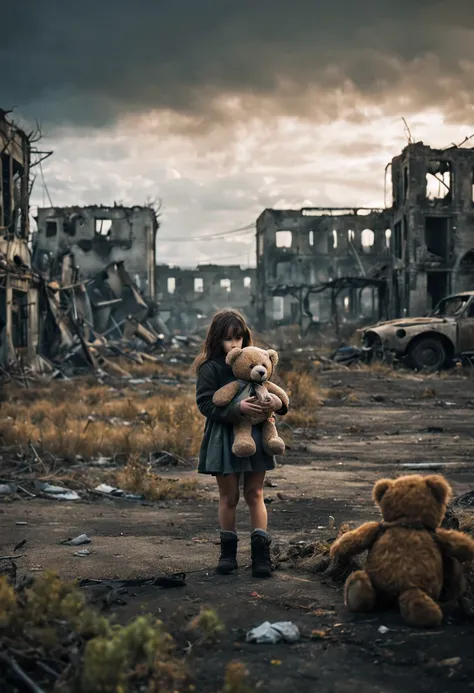 a lonely girl, holding a teddy bear, stands in a nuclear wasteland. the once thriving city now lies in ruins, with crumbling bui...