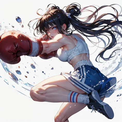 (best quality, masutepiece),ultra detailed photographic,1girl in, female boxers ,straight punch,large breasts,at the boxing venu...