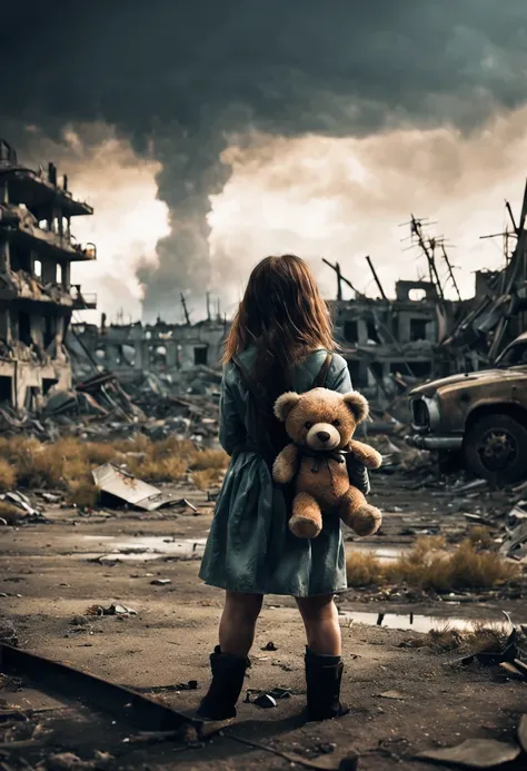 a lonely girl, holding a teddy bear, stands in a nuclear wasteland. the once thriving city now lies in ruins, with crumbling bui...