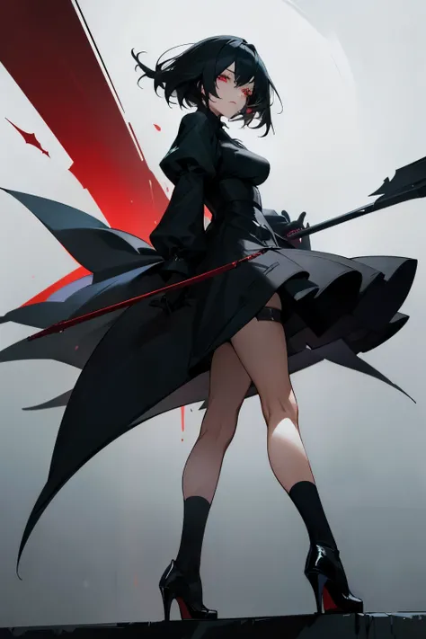 Anime YoRHa girl with black hair, red eyes and candidate skin. She wears a long, black coat with black panties, black socks and black heels. She must have a elegant posture