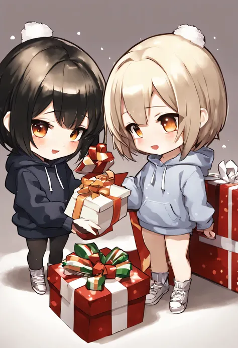 2 chibi girls, exchanging christmas gifts. 1 has short hair, 1 has long hair, both wearing hoodies