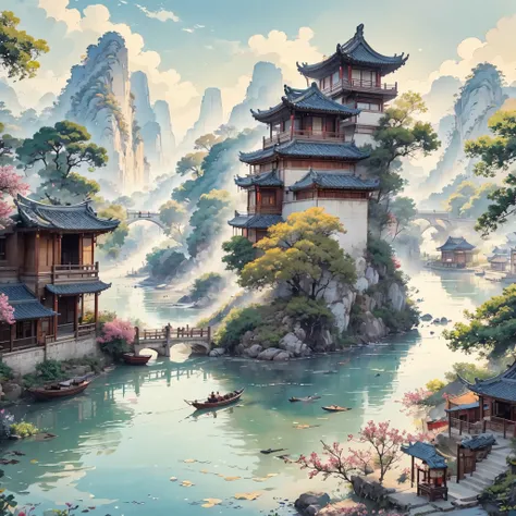 （vibrant with colors）, （Semi-realistic）, A vibrant riverside scene in ancient China, (Tranquil river water)Show on the(Elegant arch bridge)Oblivity, (Local villagers)s(Picturesque residence), （Ming dynasty depiction：1.1）, Jiangnan Ancient Town, Small bridg...