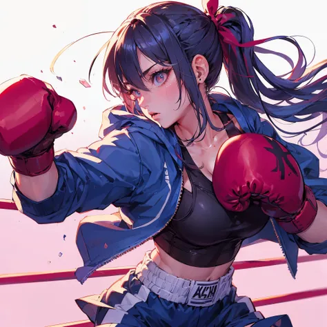 (best quality, masutepiece),ultra detailed photographic,1girl in, female boxers ,straight punch,large breasts,at the boxing venu...