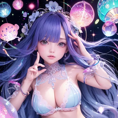 The upper part of the body、one girls、I have dark blue hair color、Two-tone、(Pink Highlight Hair、curlyhair/floral hair band、very Bigger breasts、Lace Bikini(sparkling jewel design)Countless glowing spheres float、Glowing soap bubbles、shining chandelier、under t...