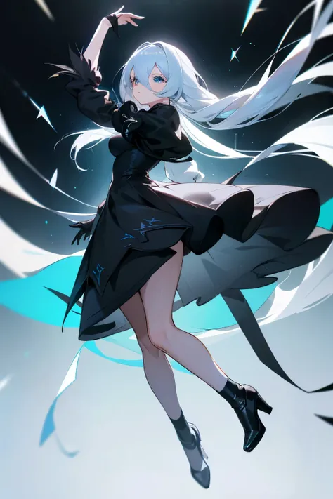 8K, Best Quality, 1 girl, YoRHa, android, graceful, White Long Hair, Blue Eyes, Black elegant dress, black socks, black heels, beautiful, letal.