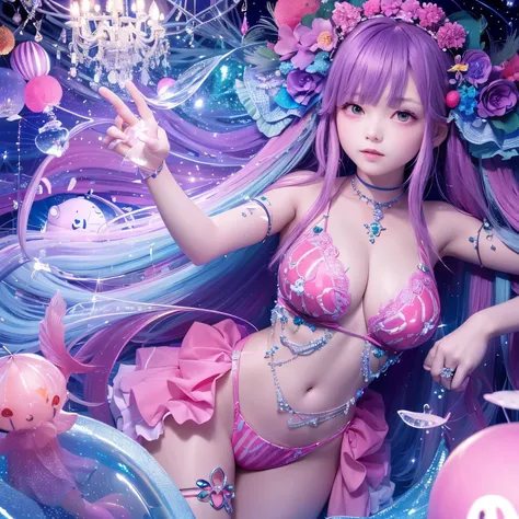 The upper part of the body、one girls、I have dark blue hair color、Two-tone、(Pink Highlight Hair、curlyhair/floral hair band、very Bigger breasts、Lace Bikini(sparkling jewel design)Countless glowing spheres float、Glowing soap bubbles、shining chandelier、underwa...