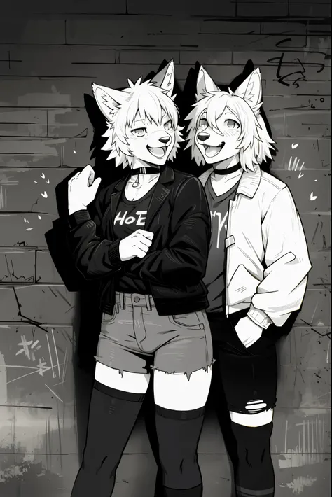 cover page, highres, top quality, best quality, paid reward available, unparalleled masterpiece, perfect artwork, absurdres, High-quality illustrations, laughing, perfect anatomy, lineart, monochrome, 1girl, kemono, furry, anthro, choker, shirt, torn legwe...