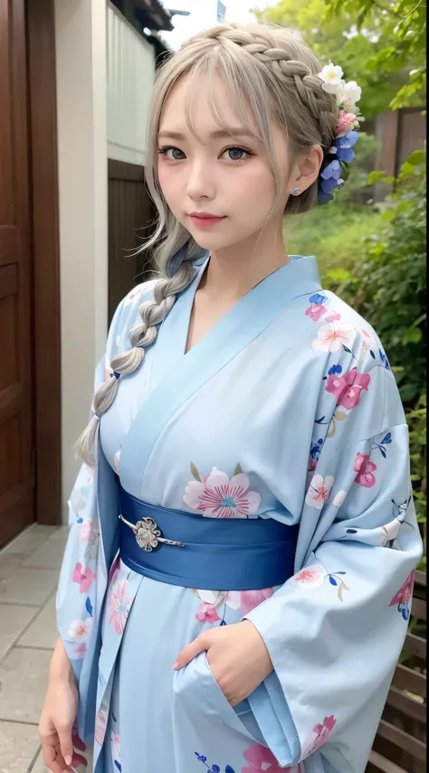 she is a kimono model、fancy floral kimono、Silver-haired braid、Blue eyes、