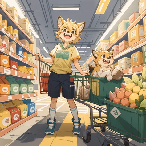 cover page, highres, top quality, best quality, paid reward available, unparalleled masterpiece, perfect artwork, absurdres, High-quality illustrations, laughing, perfect anatomy, 1girl, solo, single, kemoni, furry, anthro, in supermarket interior, shoppin...