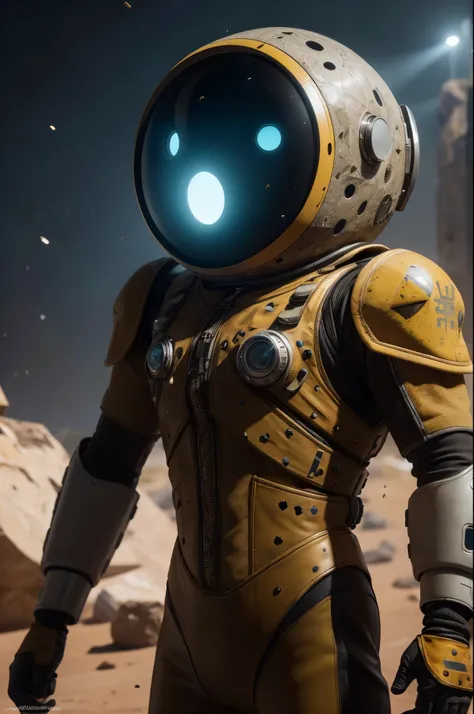 A Modern flat toon Crazy whit a Only Eye Robot, with shield tongs in hands, Tv head, pinhead, camouflage  Yellow   Rusty, Ambient in a meteorite crater super detailed, center, beautiful, soft lighting, focused on the character, 4K resolution, photorealisti...