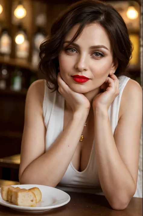 photo of a 38 year old russian woman in an irish pub, profundo_Ojos Perfectos Grinish, Subtle red lipstick, Luz larga_cabello rubio desordenado, piel suave, (Moving away from the viewer:0.9), (desde el lado:0.95), (Antecedentes complejos), unbelievably bea...