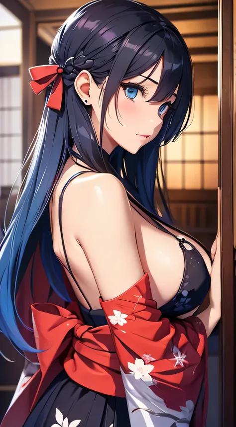 top-quality、Top image quality、​masterpiece、teens girl((18year old、 Ager、Best Bust、Medium bust,wide open breast tea、light blue eyerest, black and golden hair、A slender,Large valleys、dye ones cheeks red、Black yukata、pretty pose)),hiquality、Beautiful Art、Back...