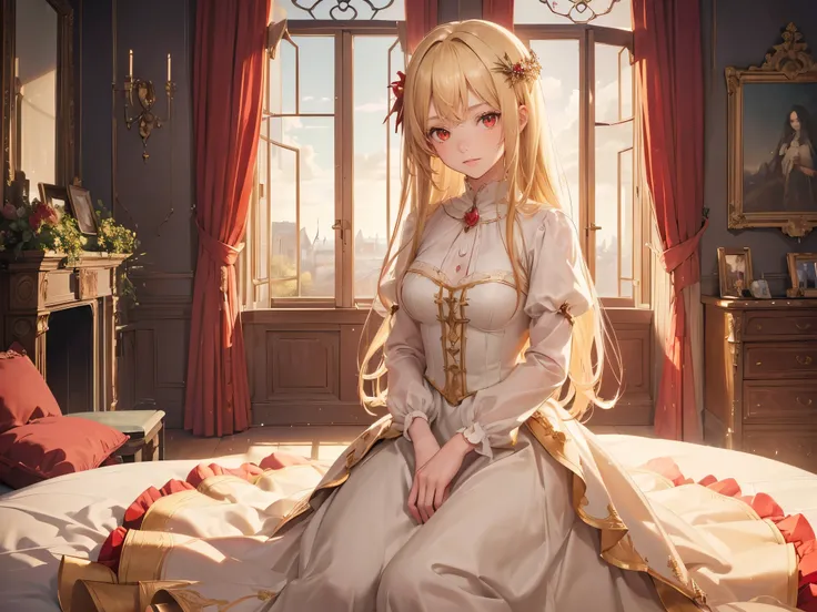 (Masterpiece, Best Quality, High Quality, Highres:1.4), Detailed, girl, solo, long hair, blonde hair, (red eyes:1.5), inside a castle room, girly room, looking at viewer, cowboy shot, Princess gown, nice hands, light particles, near an open window with tre...