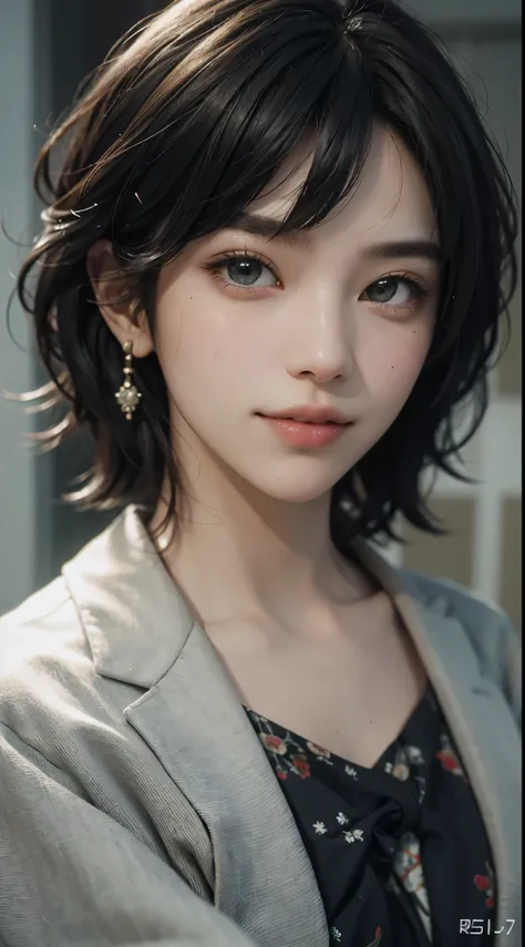 Best Quality, masutepiece, 超A high resolution, (Photorealistic:1.4), Raw photo, 1girl in, tokyo business suit, short hair wolf cut, Indoor, Summer noon,Detailed eyes,(realisticeyes),delicated face,realskin,detailed hairs,Detailed skin,Beautiful face,Smilin...