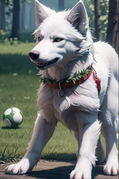 K,There is a small white wolf cub with a red collar and a green ball, cute 3d render, anthropomorphic wolf, rendered in redshift, semi - realistic render, maxwell render, super detailed render, highly detailed render, render naughty dog, hyper realistic de...