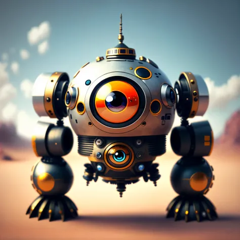 8K Wallpaper,masutepiece,Best Quality,Photoreal Stick:1.3,front focus,（1 robot）,cute robot,big eye,（(Two hands,Two legs)）,Consists of a round shape,Realistic body,Realistic Metal,metal style,intricate detailes,Star Wars Wind,Blur the background