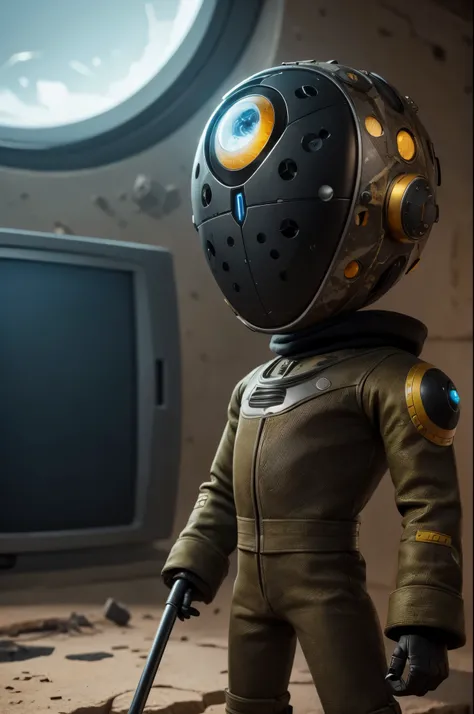 A Modern flat toon Crazy whit a Only Eye Robot, with shield tongs in hands, Tv head, pinhead, camouflage  Yellow   Rusty, Ambient in a meteorite crater super detailed, center, beautiful, soft lighting, focused on the character, 4K resolution, photorealisti...