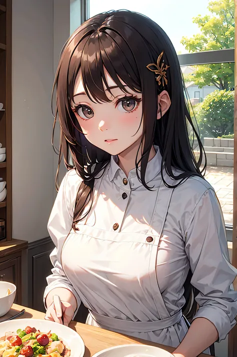 NAKED Apron、brown haired、Hairpin、cuisine、独奏、delicated face、Focus on the face、Plump breasts、Sunlight from the window、Embarrassed face