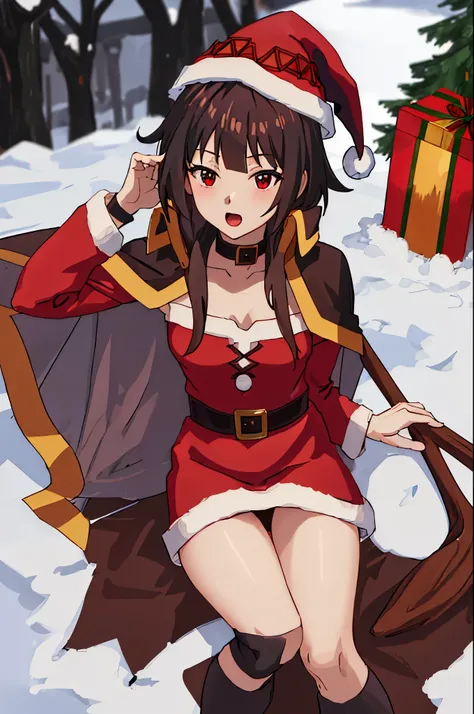 best quality, masterpiece, highres, solo, {megumin_konosuba:1.15}, short_hair, brown_hair, red_eyes, short_hair_with_long_locks, ((santa hat, santa jacket)), witch_hat, cape, black_hair, open_mouth, 1girl, collar, choker, dress, sidelocks, black_cape, anim...