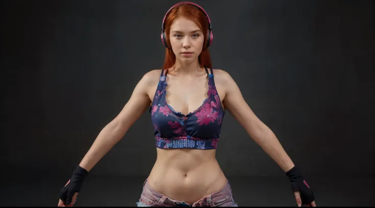 (masterpiece),(best quality:1.0),(ultra highres:1.0), sexy girl, detailed beautiful, face focus,closed legs, red hair, pink bra, pink denim shorts skinny,hands backward, headphones red, norway face, wallpaper 8k, makeup,full body