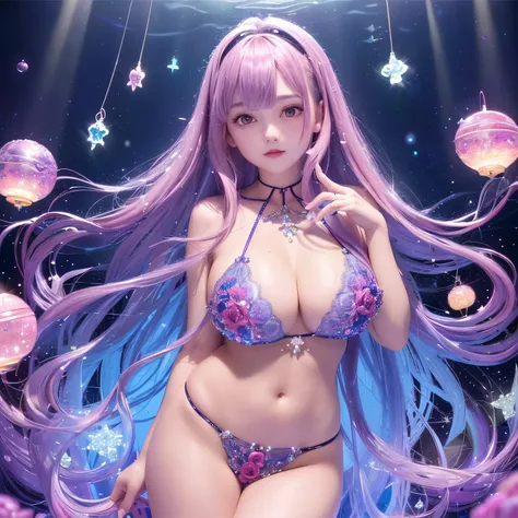 The upper part of the body、one girls、I have dark blue hair color、Two-tone、(Pink Highlight Hair、curlyhair/floral hair band、very Bigger breasts、Lace Bikini(sparkling jewel design)Glittering jewel lace ornaments on the body、Countless glowing spheres float、Glo...