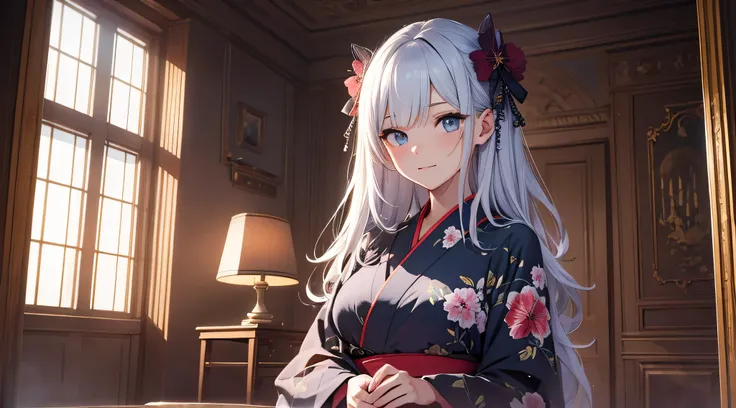 top-quality、Top image quality、​masterpiece、teens girl((18year old、 Ager、Best Bust、Medium bust,wide open breast tea、light blue eyerest, black and golden hair、A slender,Large valleys、dye ones cheeks red、Black yukata、pretty pose、Holding a fan、Inviting Pose)),...