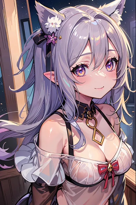 (tmasterpiece), (High-quality animation illustrations), (ultra-clear), one-girl, Alone, a beautiful girl with silver hair, anime change, Cat-eared loli, Izumi no request, ssee-through, Off the shoulder style, ssmile, little breast, Emphasize cleavage, unde...