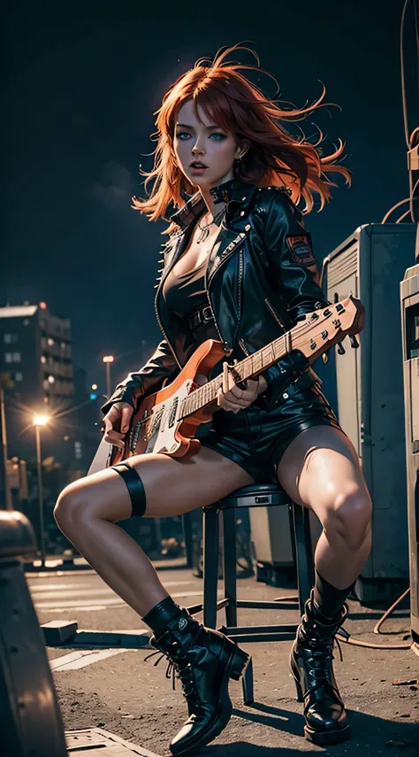 Young sexy GINGER women WITH BLUE EYES in punk outfit long spiky colorful punk hair singing rock song and playing electric guitar in waste disposal site, night, serious face, nighttime, in school of rock movie style, hyper - realistic photography, dramatic...