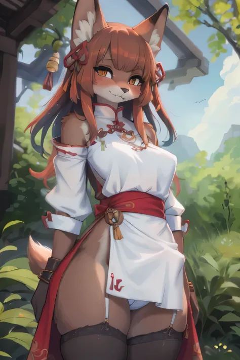 bulge, girl in a loincloth with a fox tail, female furry mini cute style, holo is a wolf girl, dress, furry brown body!!, holo if a wolf girl!!!, furry, fox tail, furry art!!!, small curvy loli, Camel toe is very obvious, The nipple contour is pronounced, ...