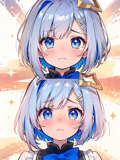 silver short hair, star on head, blue eyes, beautiful,  upper body, ((sad face)), blush, detailed eyes, sparkle eyes, troubled f...