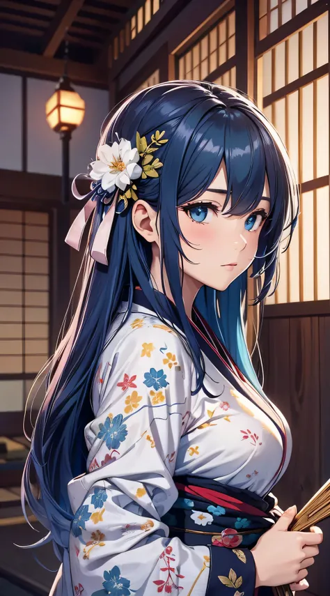 top-quality、Top image quality、​masterpiece、teens girl((18year old、 Ager、Best Bust、Medium bust,wide open breast tea、light blue eyerest, Black and light blue hair、A slender,Large valleys、dye ones cheeks red、Black yukata、pretty pose、Holding a fan、Seduction po...