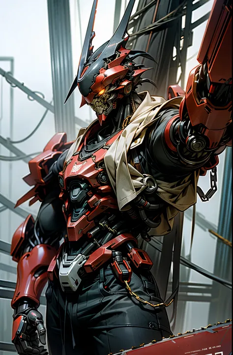 Dark_Fantasy,Cyberpunk,(chain saw,chain saw man,Red:1.1),1man,Mechanical marvel,Robotic presence,Cybernetic guardian,