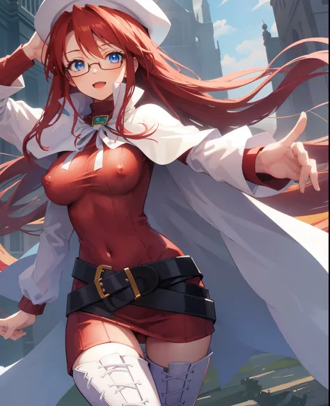 summonnightaty, aty, long hair, blue eyes, red hair, beret, hat, glasses,
BREAK long hair, thighhighs, hat, dress, boots, glasses, belt, cape, sweater, zettai ryouiki, beret, thigh boots, white footwear, ribbed sweater, loose belt,,
BREAK outdoors, fantasy...