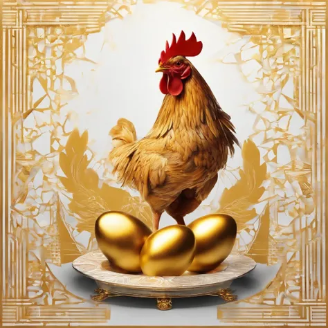 A chicken with a smug look after laying a golden egg、Amazing sight、White Chicken, chicken, golden egg placed on the altar, Extreme quality, Radiant, Highly detailed, Face, Ultra HD 8K, Ultra Digital, Person shot々 , Splash Screen, Complementary color scheme...